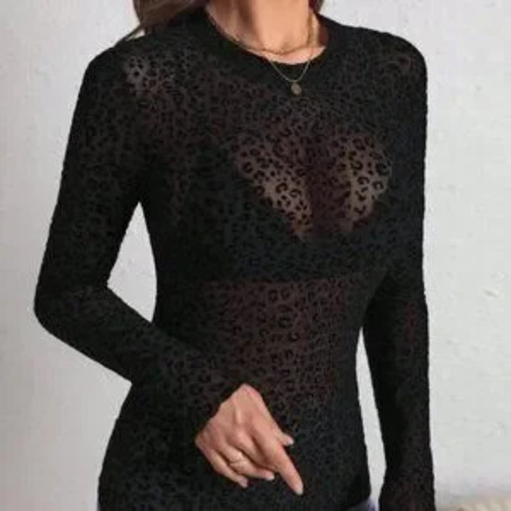 Black Sexy Women's Elegant Mesh Leopard Long Sleeve Top - Picture 3 of 5